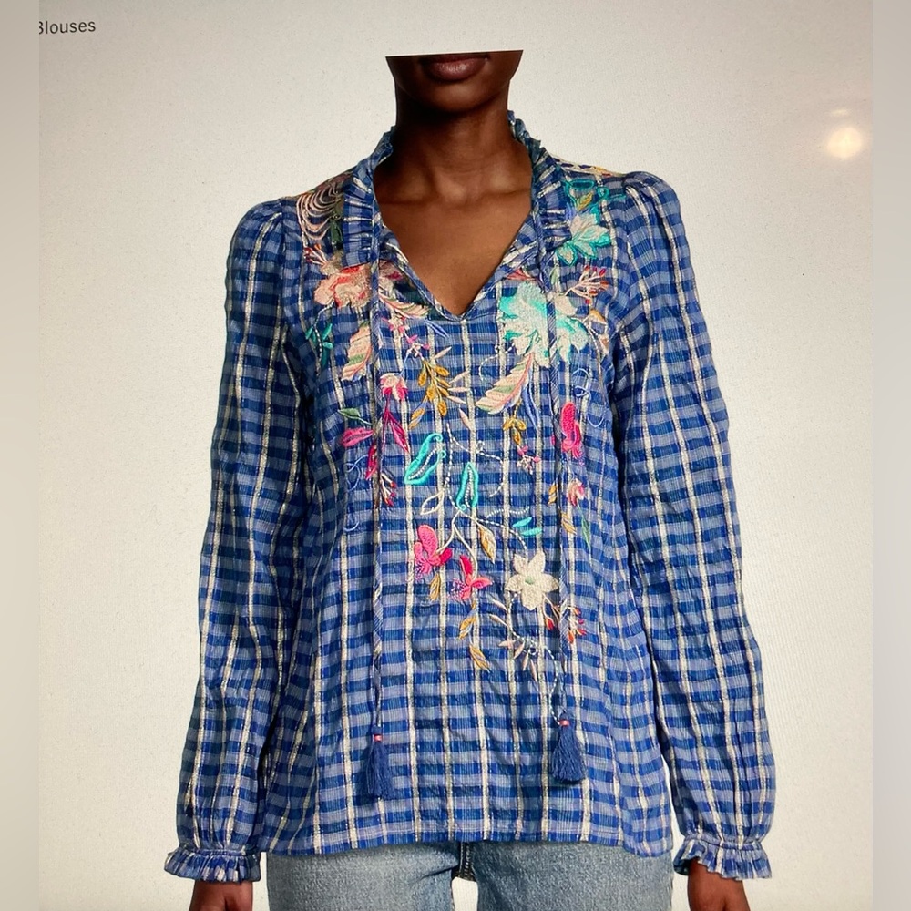 Johnny Was Nico ruffle scarf back blouse.